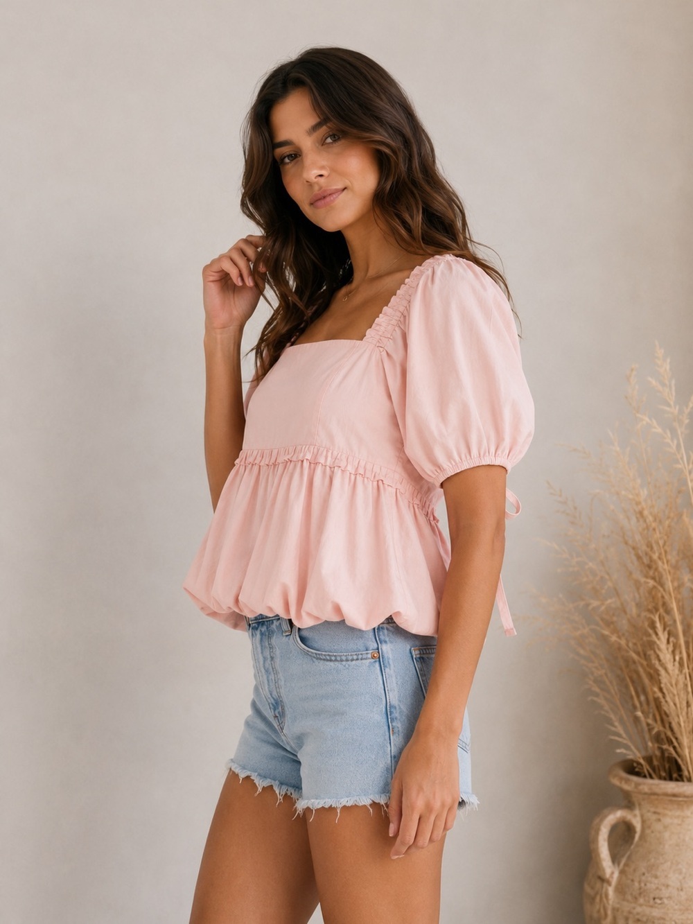 NWT Endless Rose Light Pink Blouson Baby Doll Peplum Top Size Medium